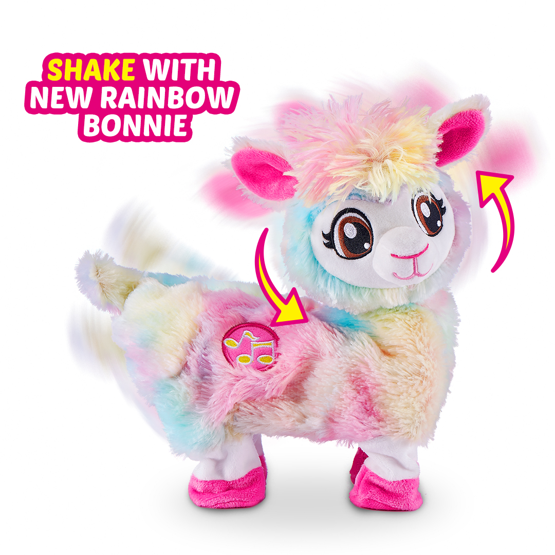 Colorful plush llama with pastel rainbow fur, large expressive eyes, and pink ears, featuring a playful design that shakes when activated.