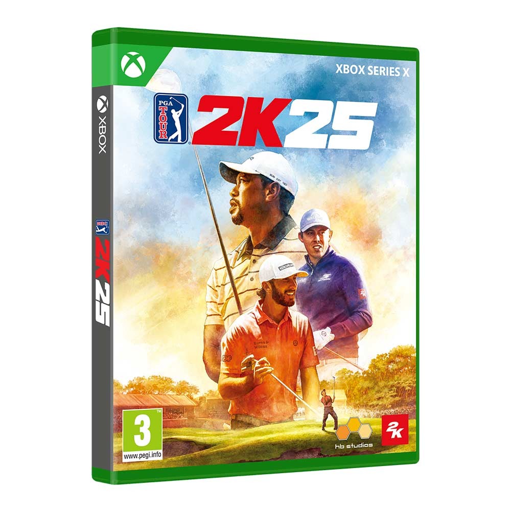 PGA 2K25 game case for Xbox Series X featuring vibrant cover art of three golfers on a green golf course, with a bright green border and prominent "2K25" title.