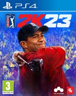 PGA Tour 2K23 for PlayStation 4 features a vibrant blue background, showcasing a golfer in a red shirt and black cap, holding a club, with a cheering crowd behind.