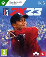 PGA Tour 2K23 for Xbox Series X features a vibrant cover with a golfer in a red shirt swinging a club, set against a blue background, showcasing the game's title prominently.