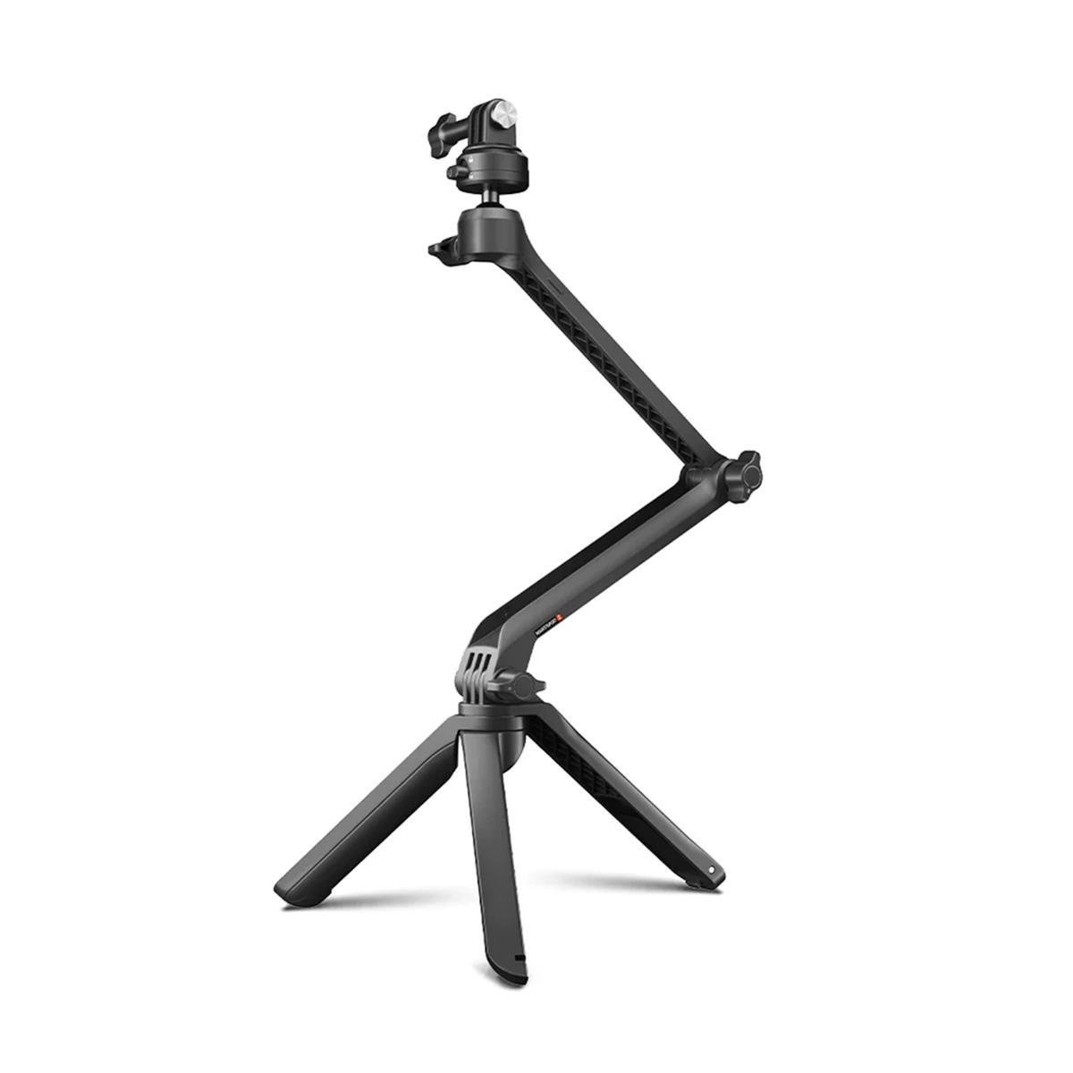 Black PGYTECH P-GM-158 tripod with three sturdy legs, featuring a flexible arm and adjustable head for action cameras, designed for stability and versatility in various shooting angles.