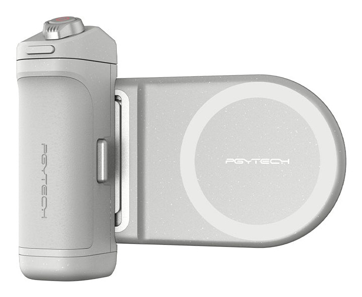 Gray PGYTECH P-PG-035 smartphone grip with a textured handle, a circular mount, and a red button, designed for enhanced mobile photography and videography stability.