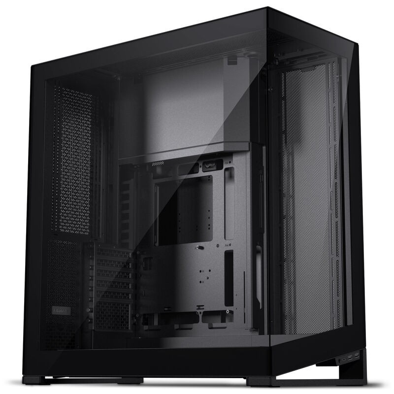Satin black PC case with tempered glass windows, showcasing a spacious interior, multiple cooling options, and a sleek, modern design.
