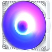 White Phanteks 12 cm computer cooling fan with RGB lighting, square frame, and visible mounting holes.