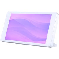 White Phanteks LCD panel kit with a sleek design, featuring a purple wavy display, angled stand support.