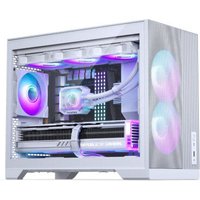 White Phanteks XT M3 RGB Micro Tower with side panel, glowing fans, and colorful LED lighting.