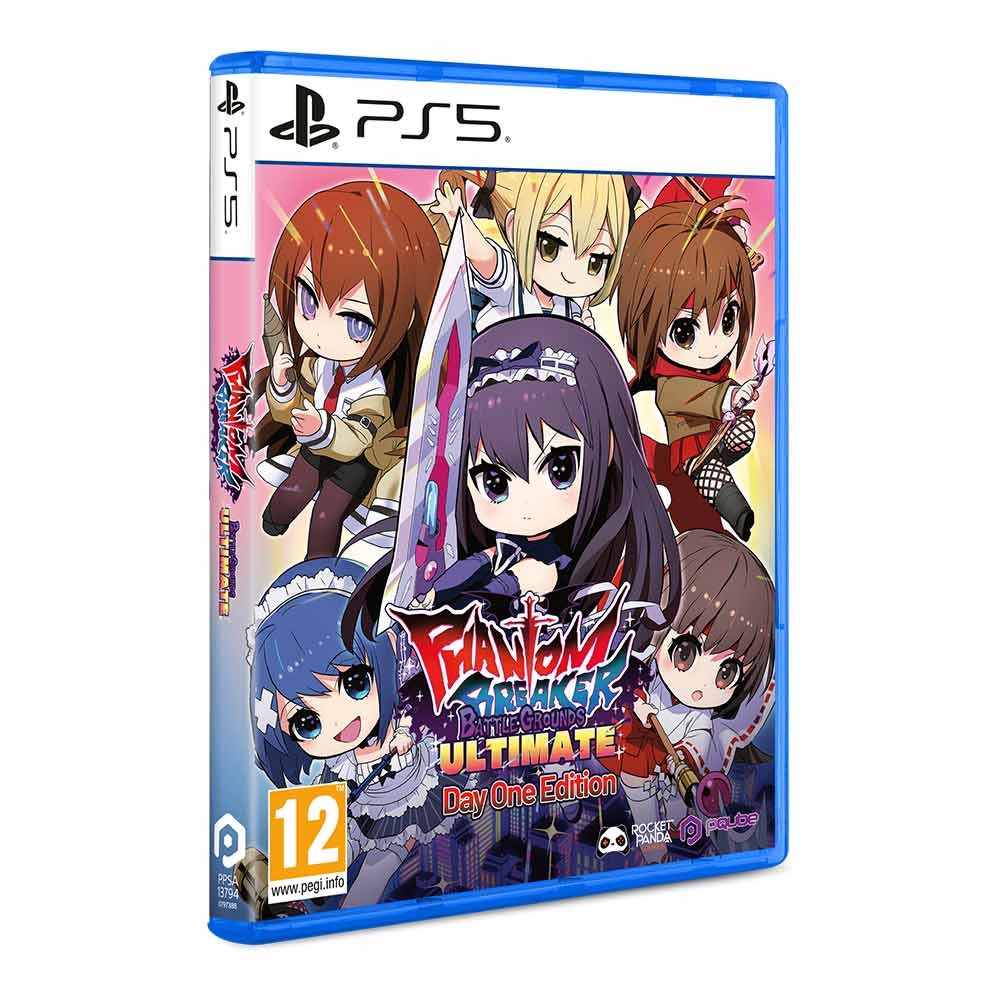 Phantom Breaker: Battle Grounds Ultimate Day 1 Edition for PS5 features colorful anime-style characters on the cover, showcasing vibrant artwork and a blue case design.