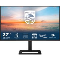 Black Philips 27" Full HD LCD monitor with slim bezels, rectangular stand, displaying a serene ocean sunset.