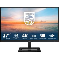 Black Philips 27" 4K Ultra HD LED monitor with slim bezels, rectangular stand, and vibrant display showing a sunset.