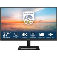 Black Philips 27" 4K Ultra HD LCD monitor with slim bezels and rectangular stand, displaying a serene ocean view.