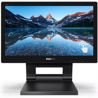 Black Philips 15.6" HD LCD touchscreen monitor with wide base stand, displaying scenic mountain and lake image.