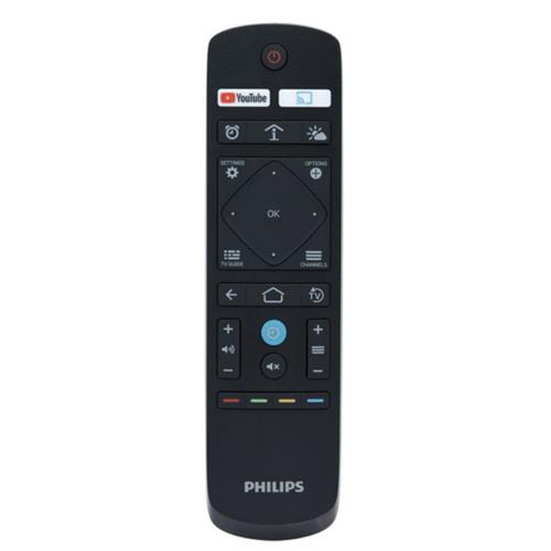 Black Philips remote control featuring a central directional pad, colored buttons for volume and channels, and dedicated YouTube and settings buttons.