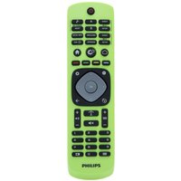 Green Philips remote control with black buttons and circular navigation pad.