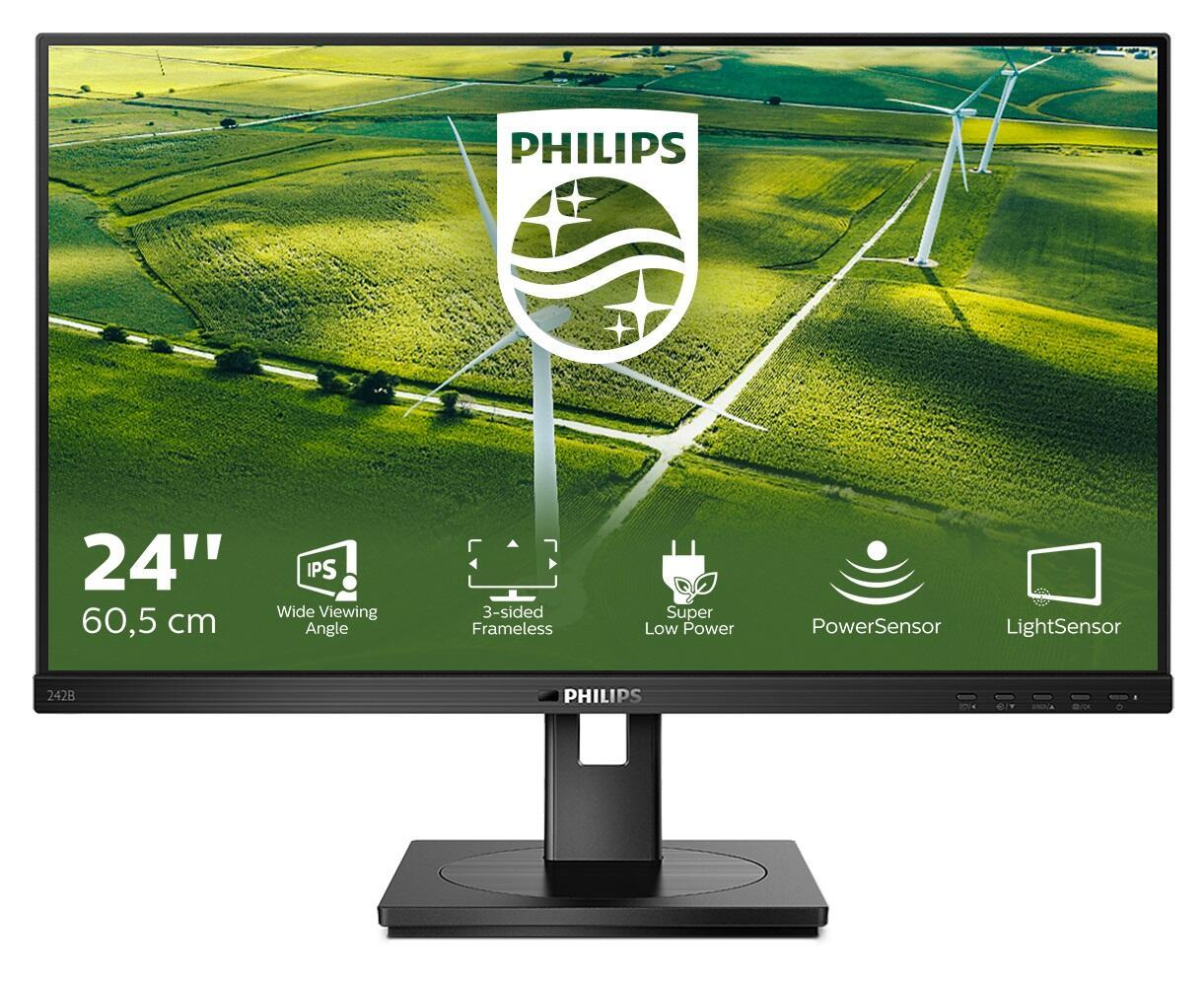 Philips 242B1G/00 23.8-inch Full HD LED monitor features a slim black frame, three-sided frameless design, and icons for PowerSensor and LightSensor technologies.