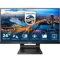 Philips 23.8" monitor with thin bezels, black stand, displaying a cityscape and feature icons on screen.