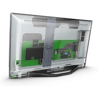 Black Philips 24-inch HD TV with transparent back panel, revealing internal components and sleek stand design.