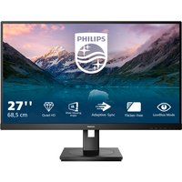 Philips 27" monitor, slim black bezel, 2560x1440 resolution, with mountain lake screen image, rectangular stand.
