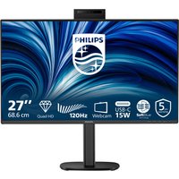 Philips 27-inch monitor, slim black bezel, Quad HD 2560x1440, built-in webcam, USB-C, 120Hz refresh rate.