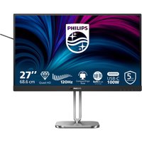 Grey Philips 27" Quad HD LCD monitor with slim bezels, 2560x1440 resolution, and sturdy silver stand.