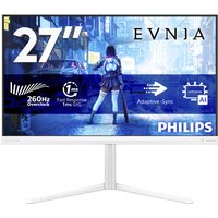 Philips 27" monitor with slim white stand, 1920x1080 resolution, 260Hz refresh rate, adaptive sync, and gaming graphics.