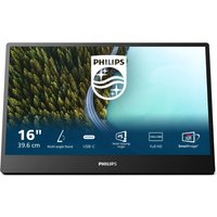 Philips 15.6" portable USB-C monitor, slim black bezel, IPS Full HD display showing nature image and icons.
