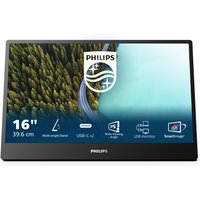 Philips 3000 series 15.6" monitor, slim black bezel, USB-C, multi-angle stand, displaying nature image.