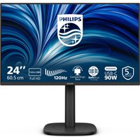 Black Philips 24" Full HD LCD monitor with slim bezels, sturdy stand, and vibrant display showing blue swirl pattern.