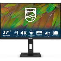Philips 27-inch 4K monitor with slim black bezel, rectangular stand, and vibrant display showing colorful feather pattern.