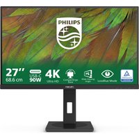 Philips 27" 4K Ultra HD LCD monitor, black frame, slim stand, vibrant display with icons for features.