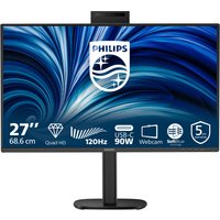 Philips 27" monitor, slim black bezel, built-in webcam, USB-C port, 120Hz refresh rate, Quad HD display.