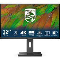 Black Philips 32" 4K Ultra HD LCD monitor with slim bezels, rectangular stand, and vibrant display graphics.