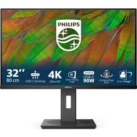 Black Philips 32" 4K Ultra HD LCD monitor with slim bezels, rectangular stand, and vibrant display showing colorful graphics.