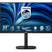 Black Philips 32" monitor, Quad HD 2560x1440, slim bezels, sturdy stand, blue swirl display, 100Hz refresh rate.