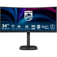 Curved black Philips 34" monitor, 3440x1440 WQHD LCD, slim bezels, sturdy stand, vibrant display with logo and icons.