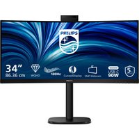 Philips 34" black curved LCD monitor, 3440x1440 pixels, slim bezels, with built-in webcam on top.