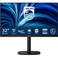 Black Philips 32" Quad HD LCD monitor with slim bezels, 2560x1440 resolution, and sturdy round base.