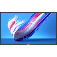 Philips 32-inch digital signage flat panel with slim black bezel and vibrant abstract display on blue background.