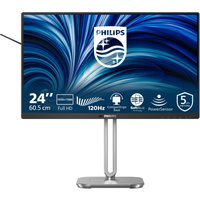 Philips 24" grey monitor, slim bezels, LCD Full HD display, sleek stand, logo and specs on screen.