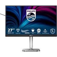 Philips 27" Quad HD LCD monitor, grey frame, slim bezel, sturdy silver stand, vibrant display with logo and specs visible.