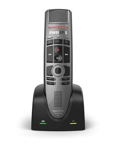 Wireless dictation microphone in sleek black and silver design, featuring a push button interface, playback controls, and a charging dock with indicator lights.