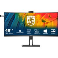 Philips 40" black 5K Ultra HD LCD monitor with slim bezels, curved screen, and built-in webcam on a sleek stand.