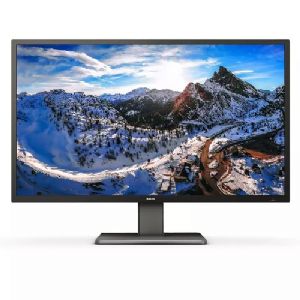 Philips 439P1 43" computer monitor featuring a sleek black frame, vibrant 3840 x 2160 pixel resolution, and a sturdy base, showcasing a stunning landscape on the screen.