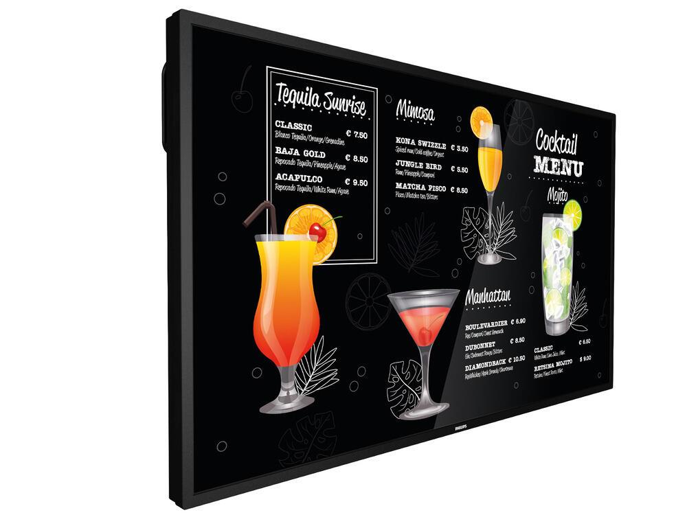 Philips 43BDL3117P/00 monitor features a sleek black frame, displaying vibrant cocktail graphics and menu items on a black background, with a resolution of 3840 x 2160.