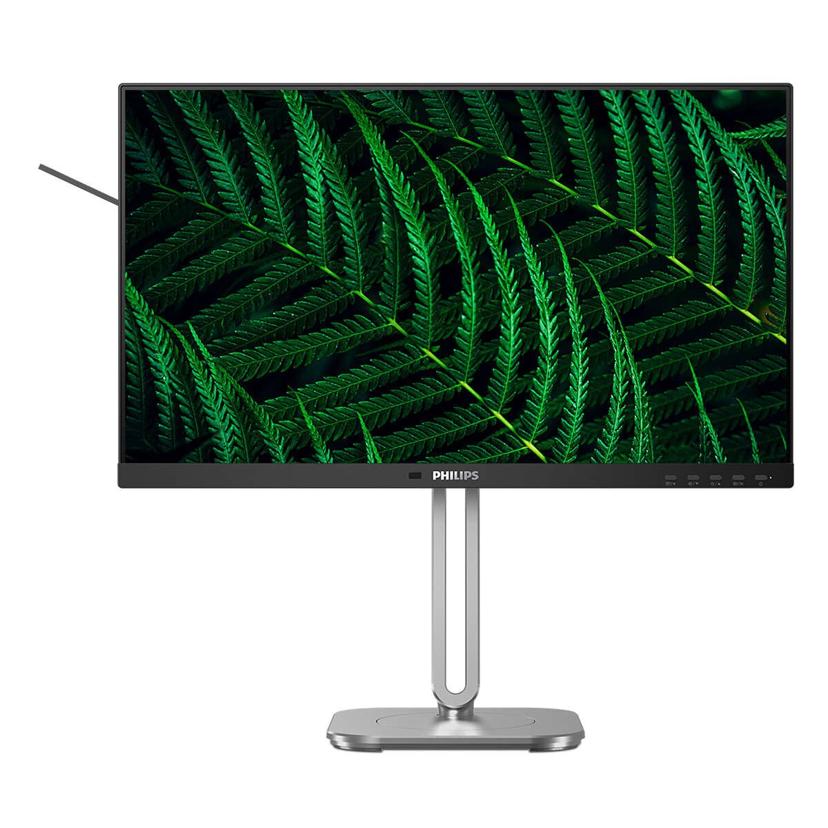 Philips 5000 Series 24B2G5200/00 monitor features a sleek anthracite frame, 23.8" Full HD display, and a modern silver stand, showcasing vibrant green foliage on the screen.