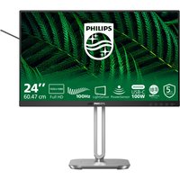 Black Philips 24" Full HD LCD monitor with slim bezels, silver stand, and green fern background on screen.