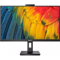 Philips 27" black monitor, Quad HD LCD, slim bezels, vibrant feather display, rectangular stand, top webcam.
