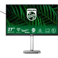 Philips 27" Quad HD LCD monitor, anthracite frame, slim stand, displaying green leaf graphics and product features.