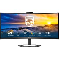 Philips 34" curved monitor with slim bezels, UWQHD display, built-in webcam, and sleek black stand.