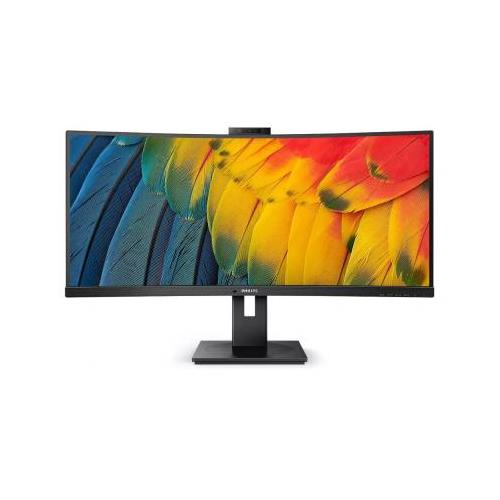 Philips 5000 Series 34B1U5600CH/75 curved black LCD monitor features a vibrant 34-inch display with 3440 x 1440 resolution, showcasing colorful feather graphics.