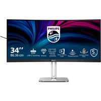 Philips 34" grey monitor, ultra-wide screen, slim bezel, dual QHD resolution, on a sleek silver stand.